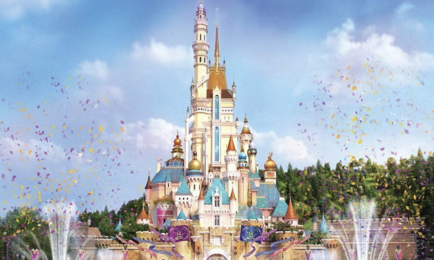 Castle of Magical Dreams at Hong Kong Disneyland with colorful confetti and water fountains.